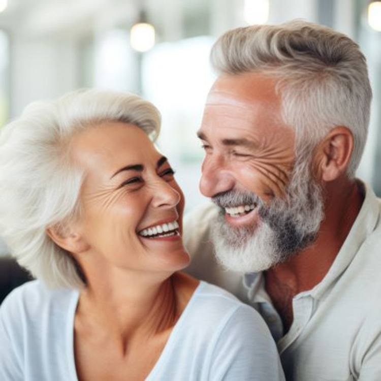 Close-up of laughing senior couple with nice teeth