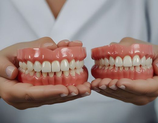 Dental team member holding two denture models