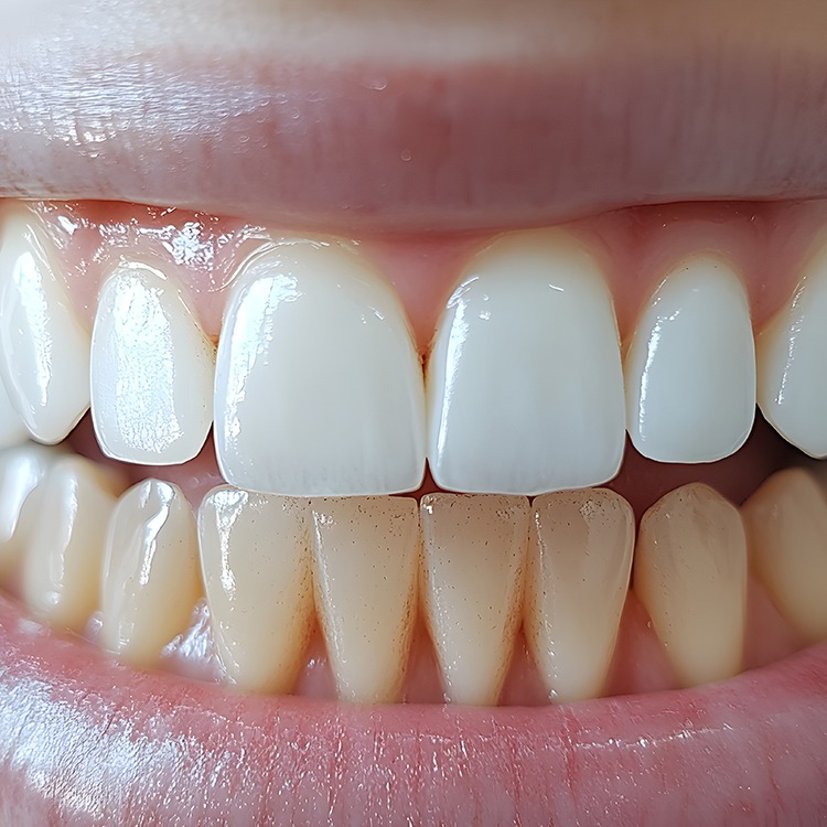 Top row of whitened teeth and bottom row of stained teeth